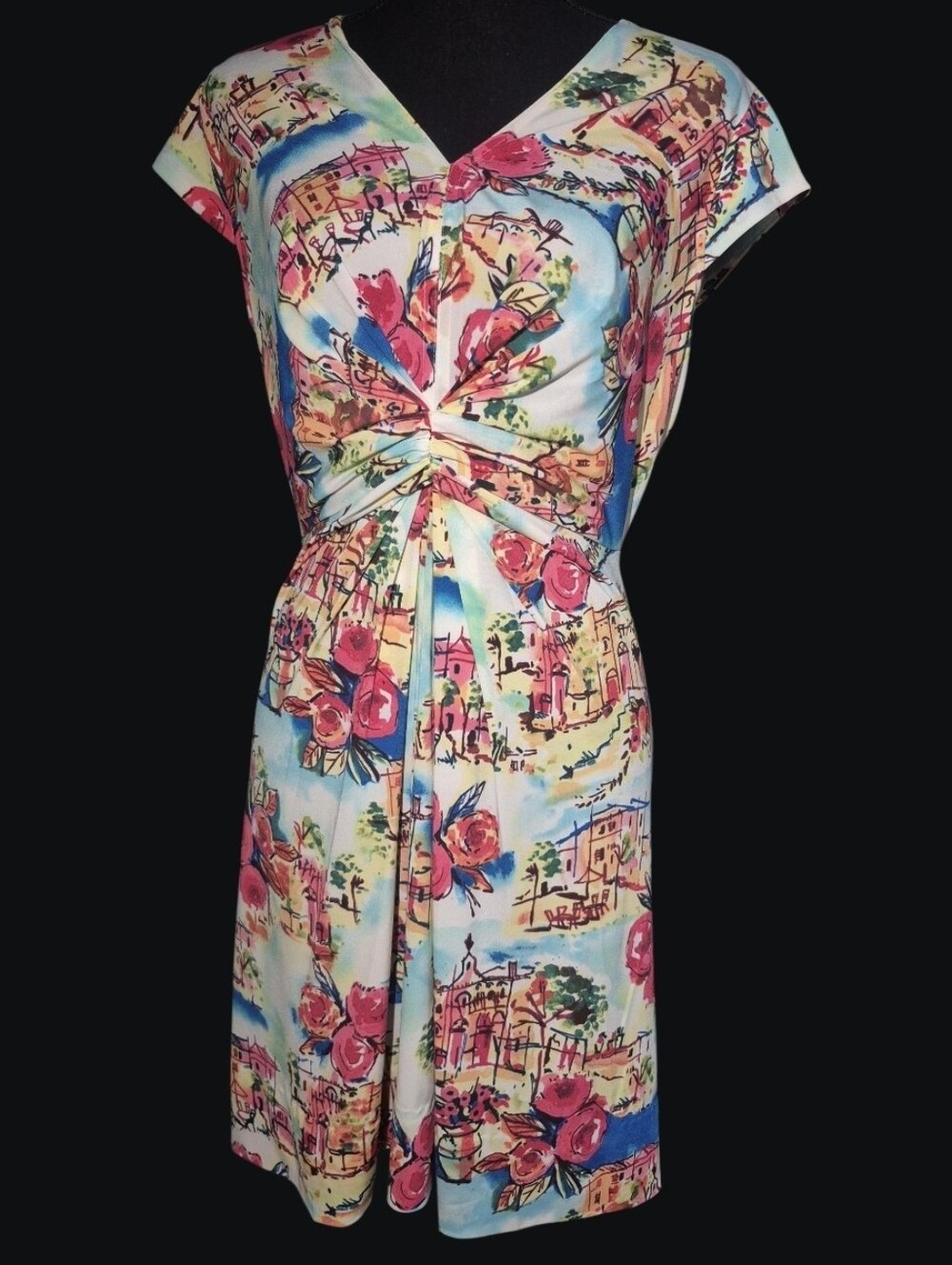 Antonio Melani Novelty Floral Coastal Print Twist Front V Neck Sheath Dress Sz M